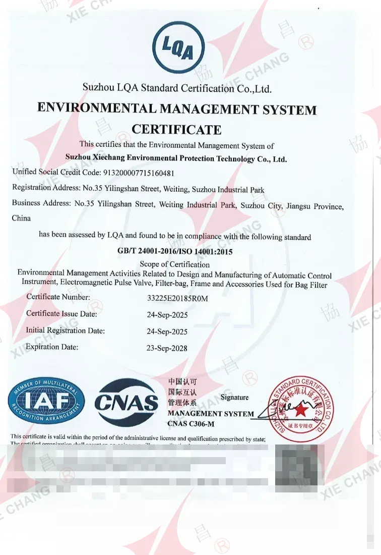 Certificat de système de management environnemental ISO 14001:2015
