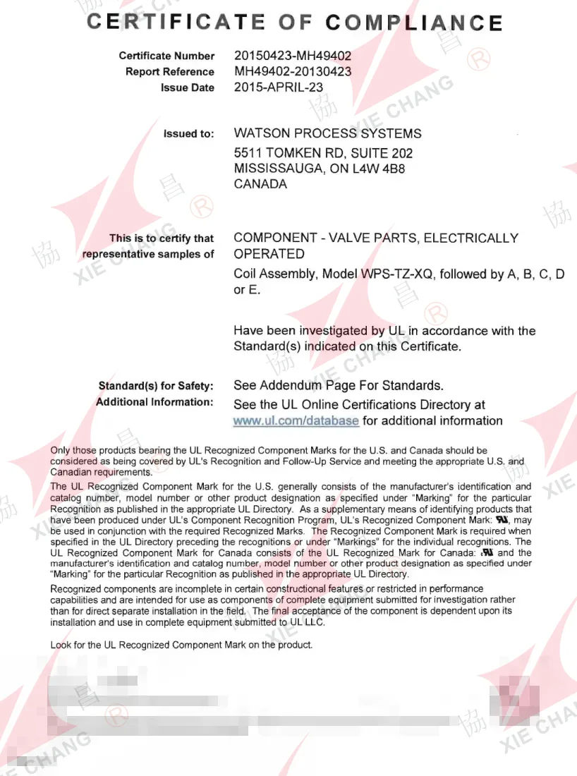 Certificat de conformité UL — Composant reconnu, ensemble bobine pour vannes à commande électrique