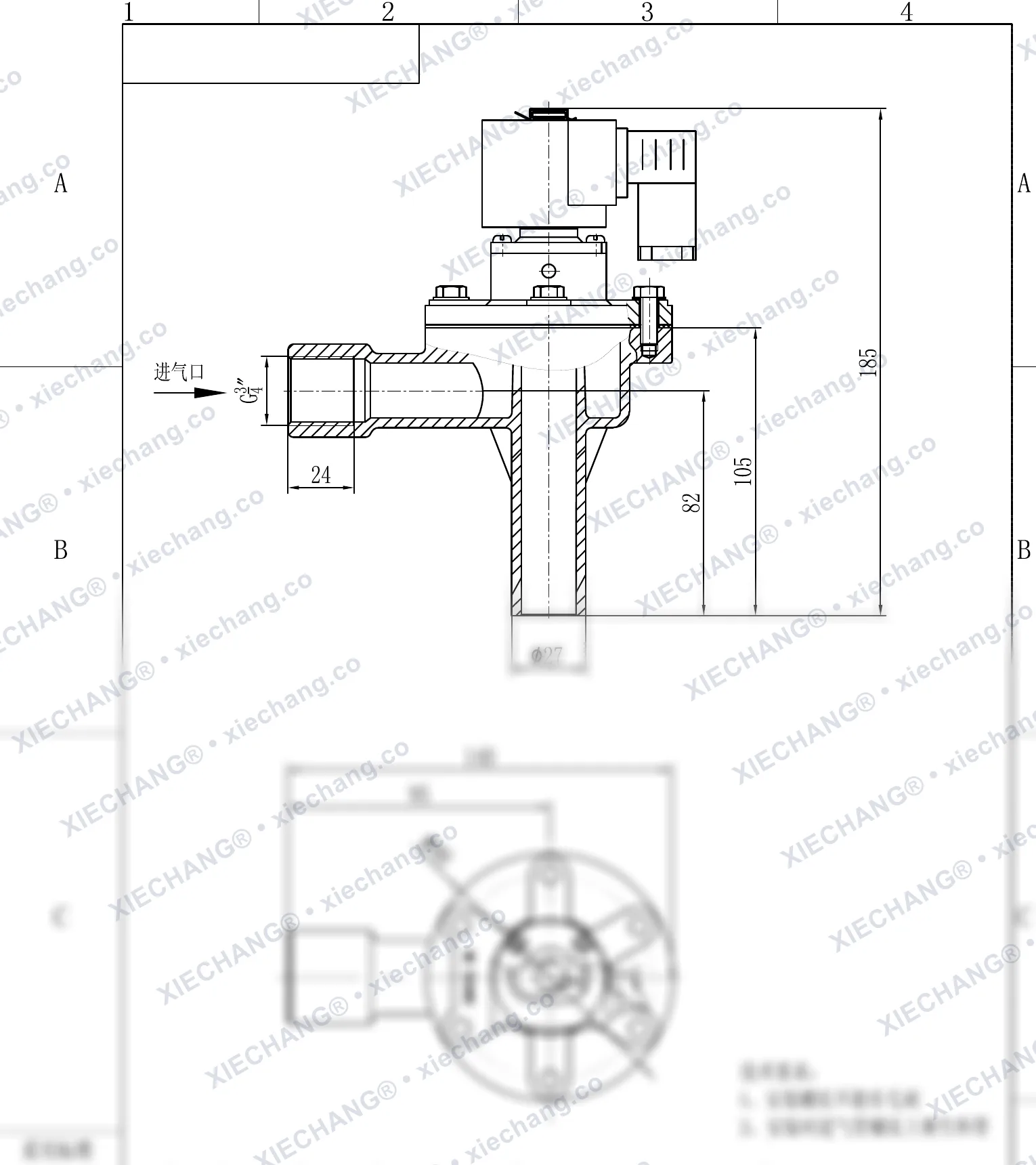 DCF-2L-B · 3/4" · électrovanne à impulsions à angle droit (type B) — Plan d'installation