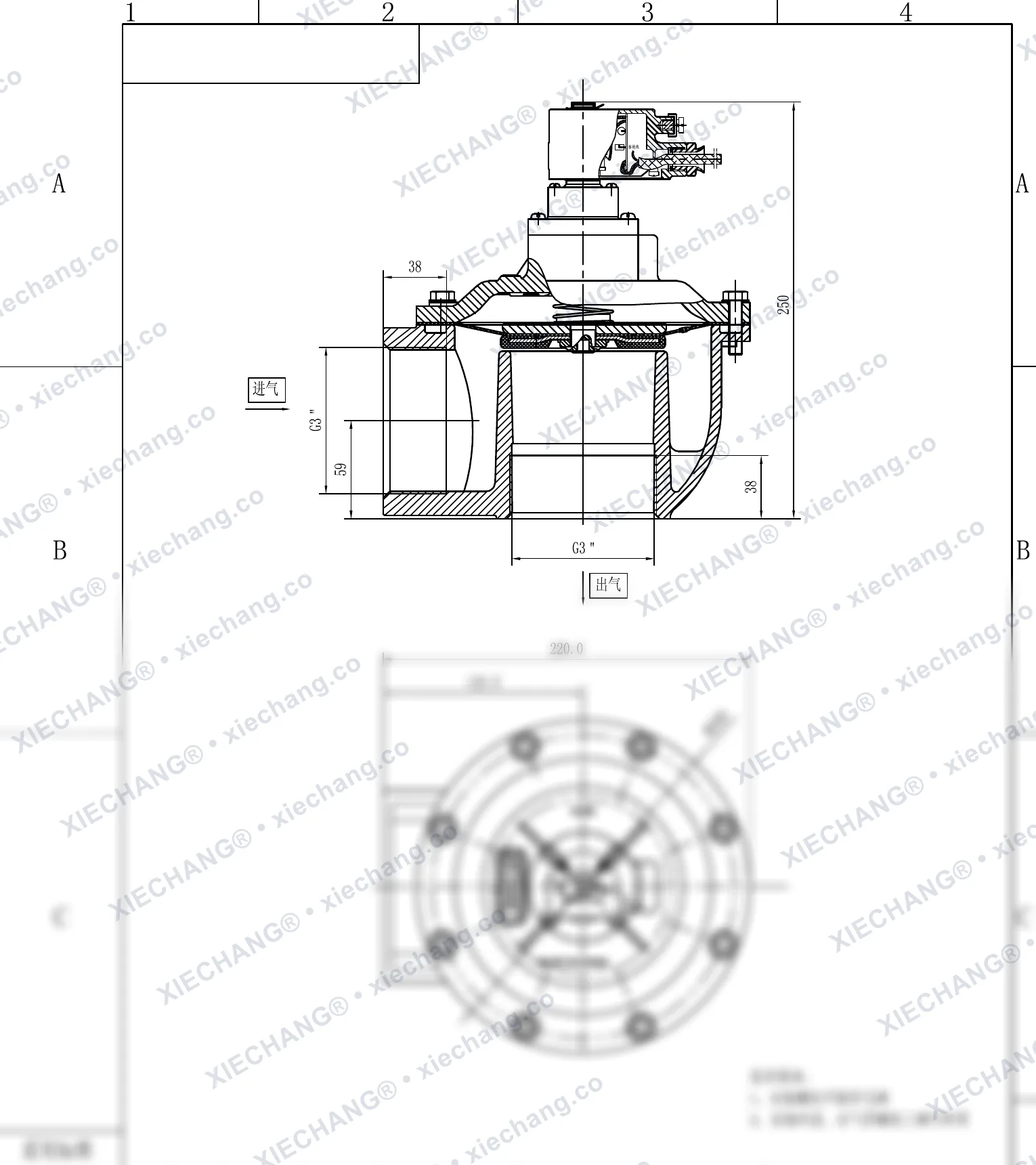 DCF-F-Z-76S · 3" (DN76) · électrovanne à impulsions à angle droit antidéflagrante — Plan d'installation