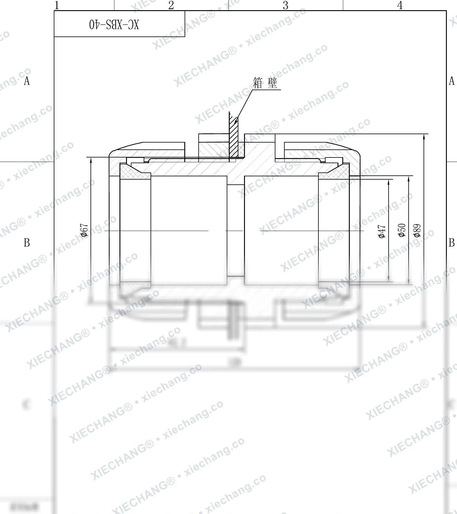 XC-XBS-40 · DN40 · raccord traversant à filetage double (montage cloison) — Plan d'installation
